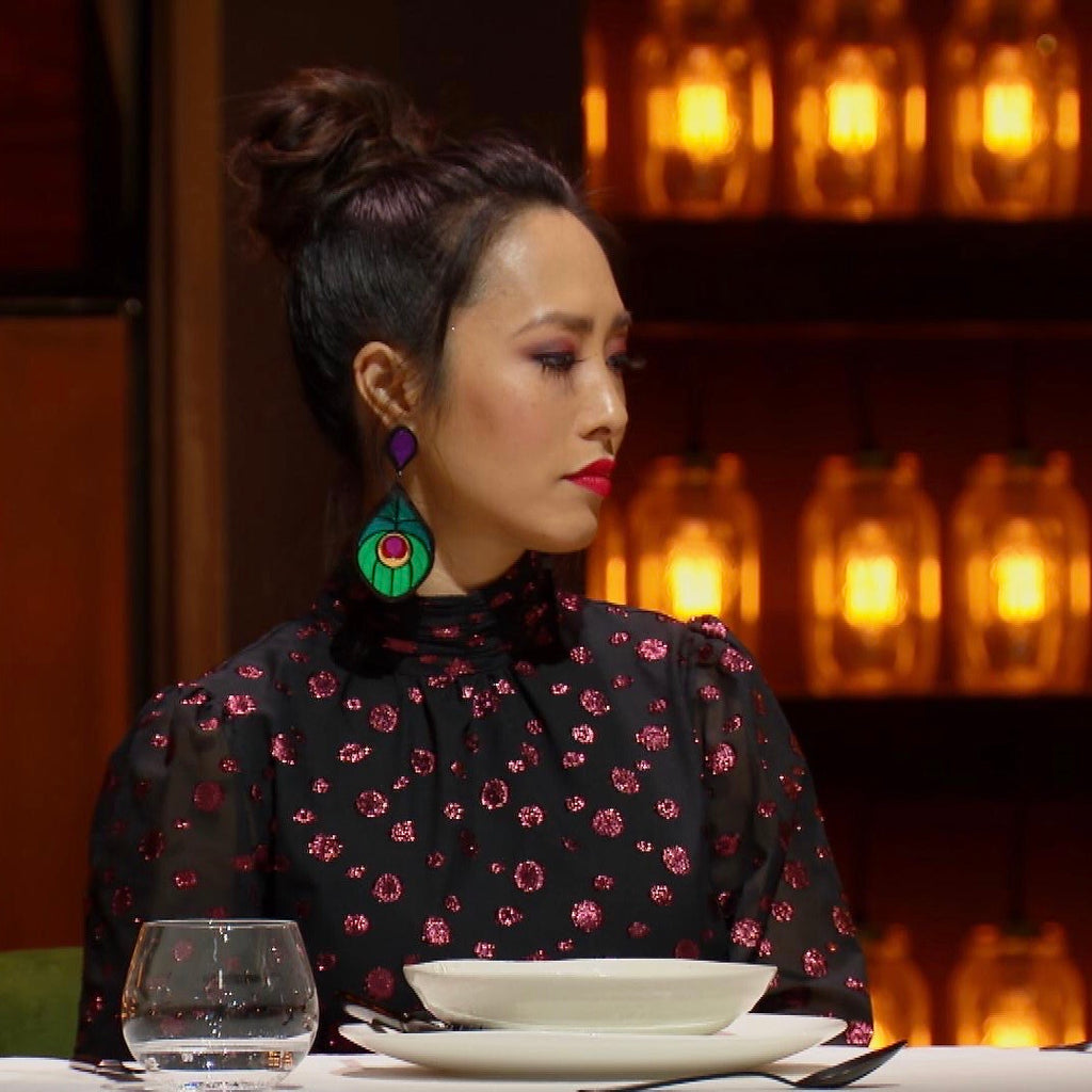 Melissa Leong wore our Perfectly Peacock Statement Dangles on MasterChef Australia