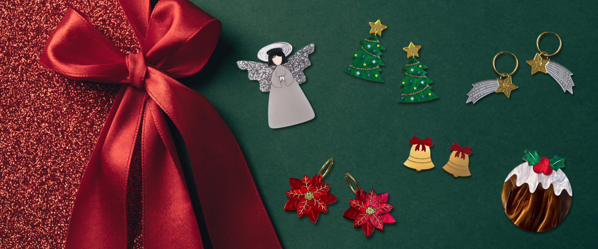 Collection of Christmas-themed jewellery including a red bow on a green background.