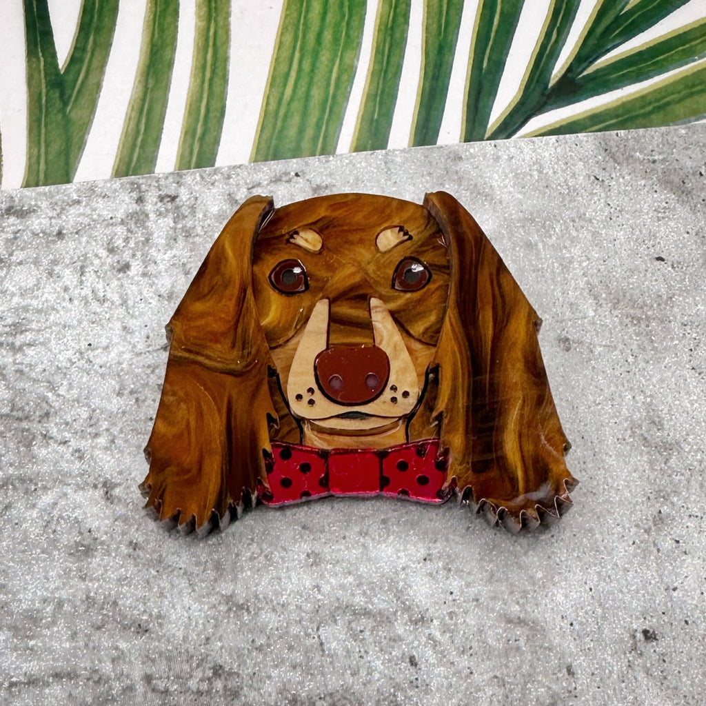 Bagel the Long-haired Dachshund Brooch