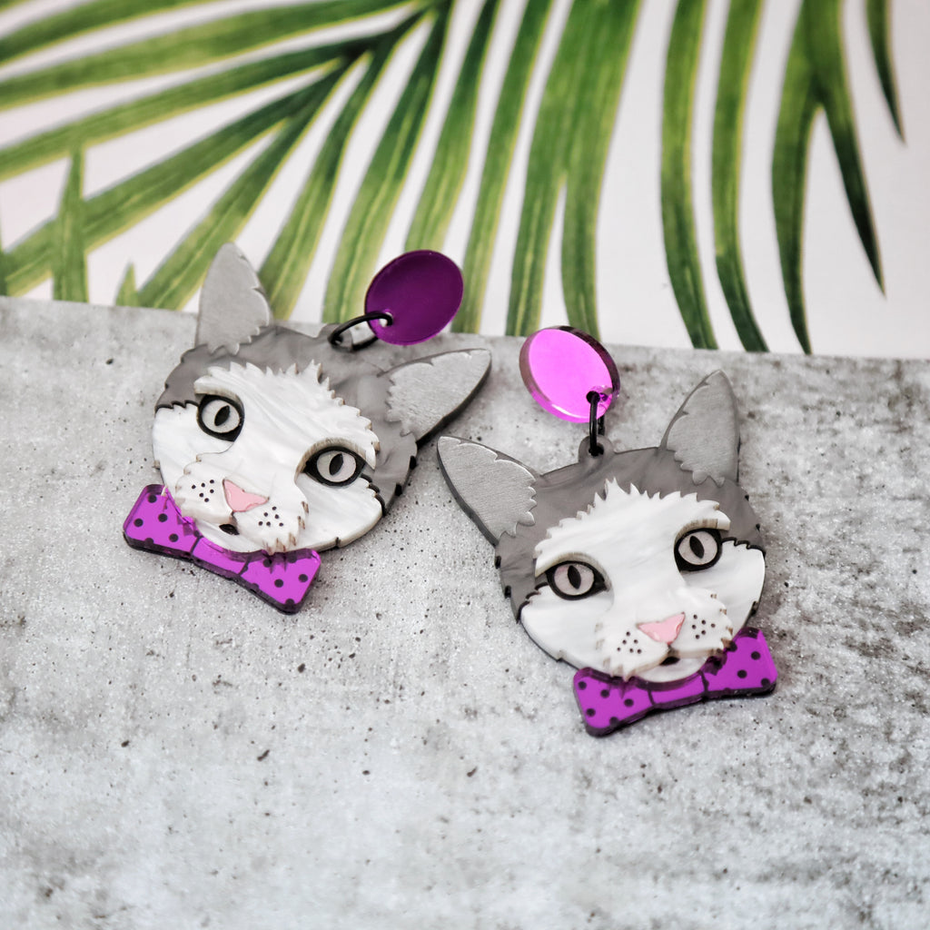 Ophelia the Grey and White Cat Earrings